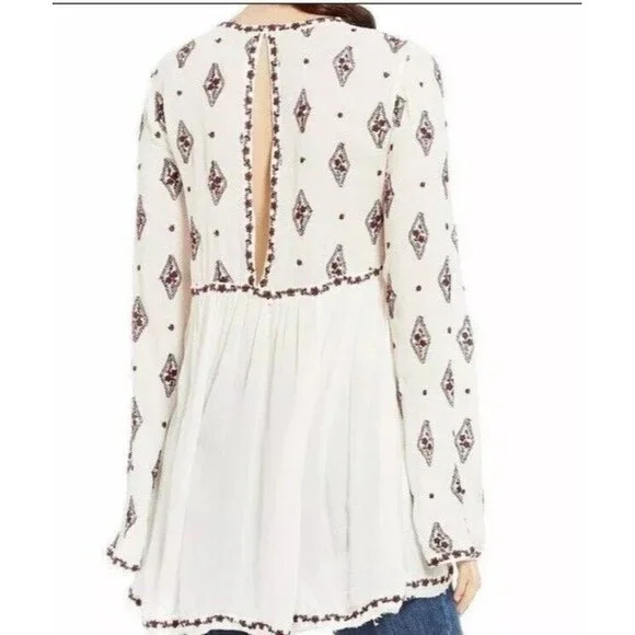 Free People Diamond Embroidered Peasant Long Sleeve Tunic Dress Top Size Medium - Picture 6 of 12